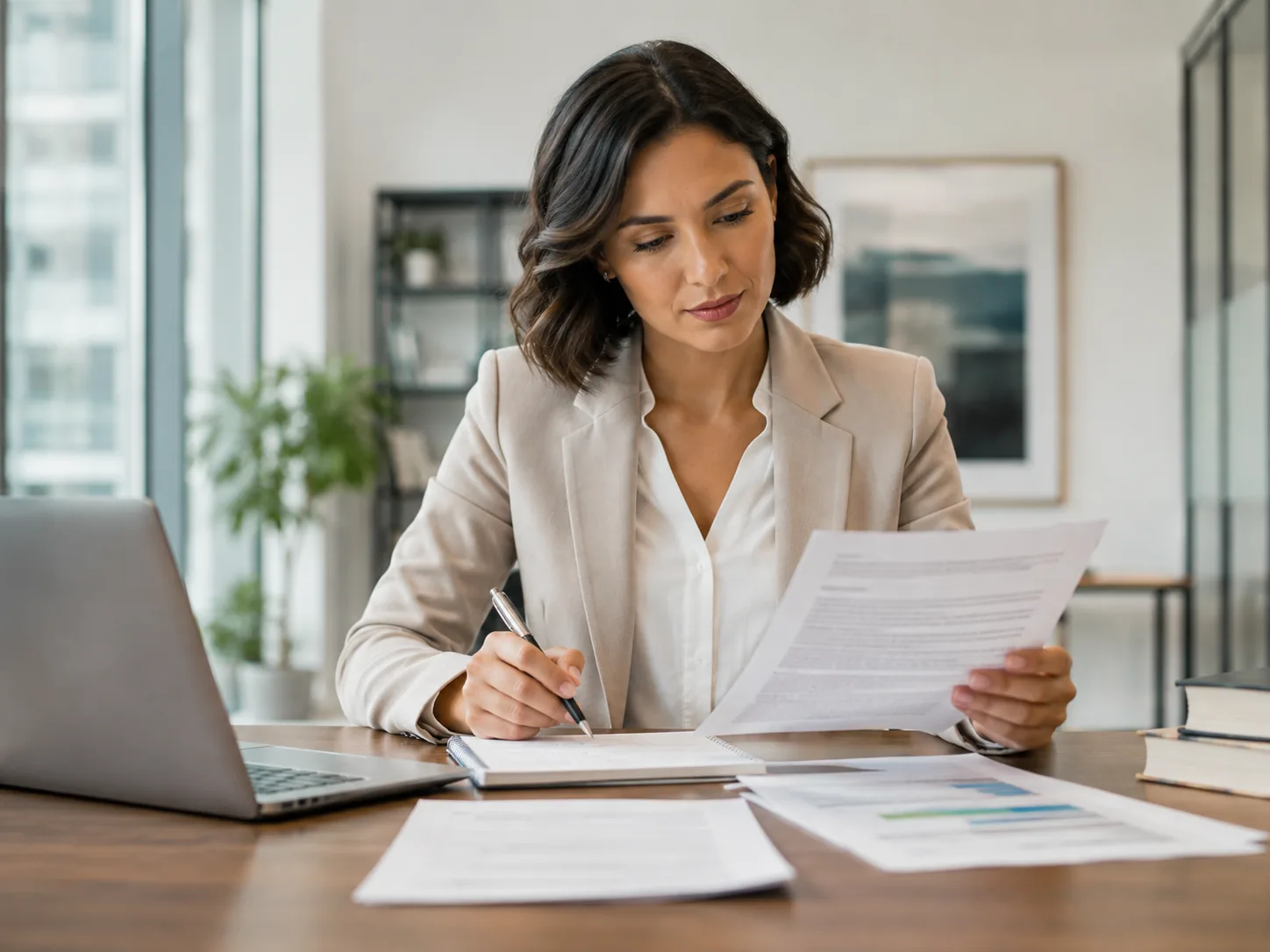 Professional carefully reviewing documents for translation